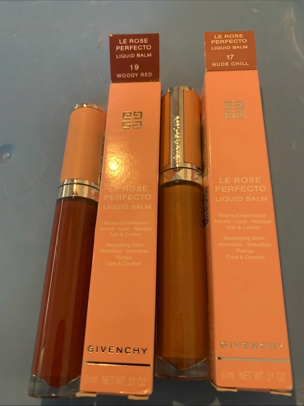Givenchy Le Rose Perfecto Liquid Balm — Woody Red & Nude Chill